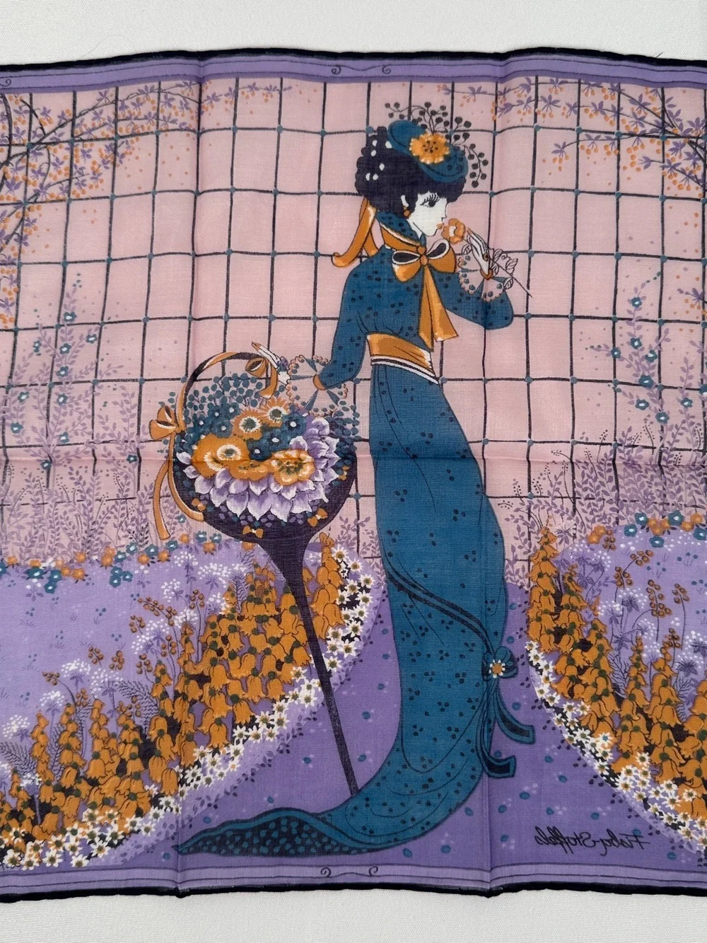 Vintage Fisba Stoffels Handkerchief EUC Art Nouveau Lady Print Silk Scarf Swiss
